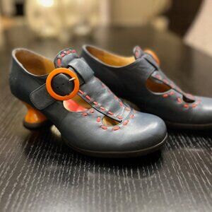 John Fluevog 'Enthusiast' T-Strap Navy + Orange Whipstich Heel, Size 8.5